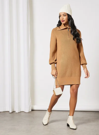 Y.A.S Half-Zip Knitted Dress Brown