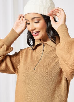Y.A.S Half-Zip Knitted Dress Brown  - Image 3