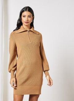 Y.A.S Half-Zip Knitted Dress Brown  - Image 4