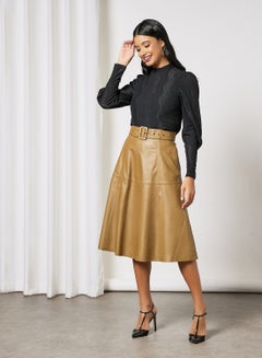 Y.A.S Belted Leather Midi Skirt Brown  - Image 3