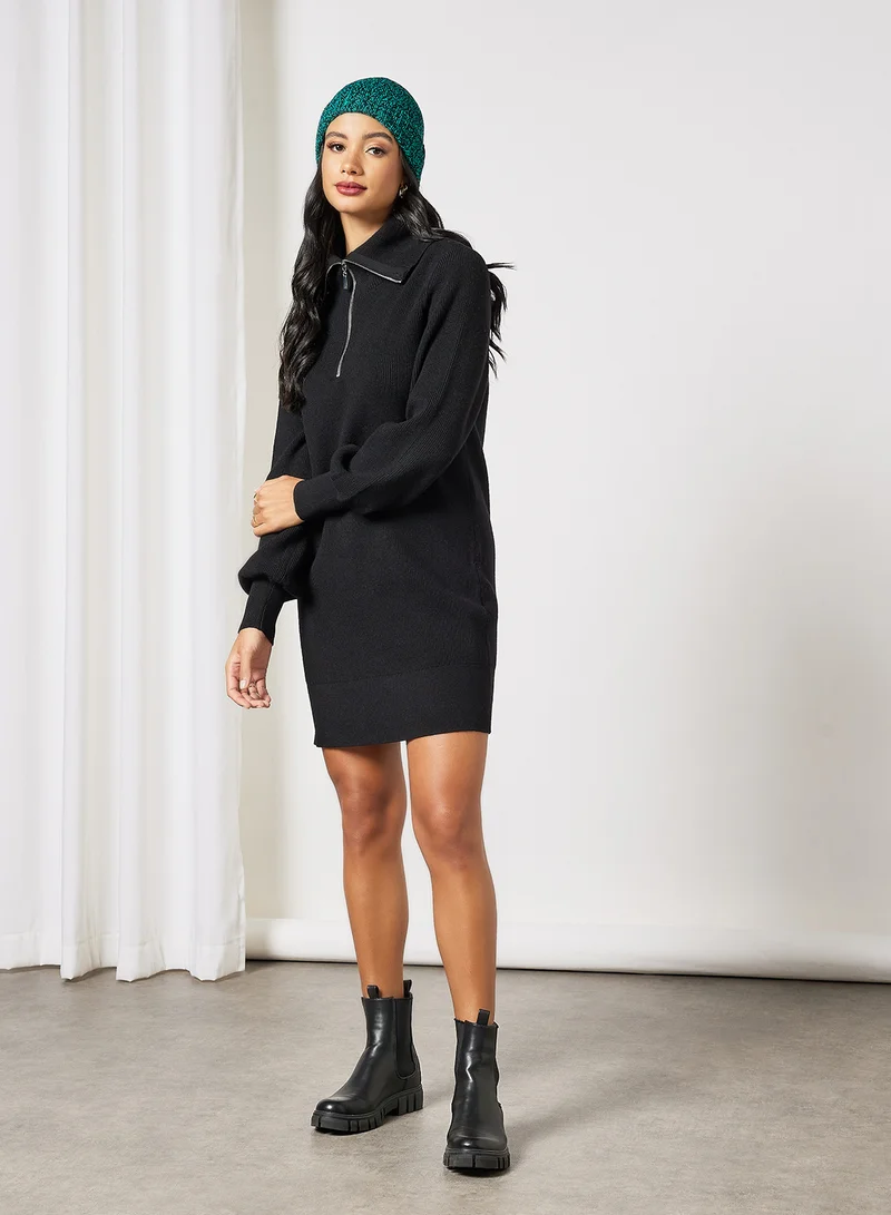 Y.A.S Half-Zip Knit Dress Black