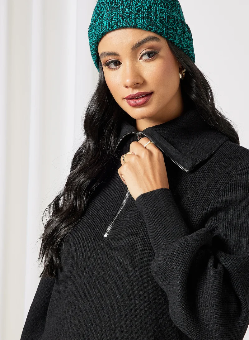 Y.A.S Half-Zip Knit Dress Black