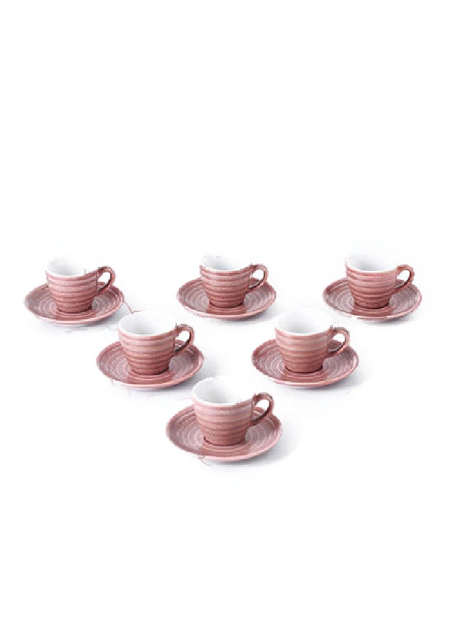Shuer - 12-Piece Kiln Variable Glaze Round Linear Ceramic Cup And Saucer Pink 9x5.4x5.4cm - Image 1