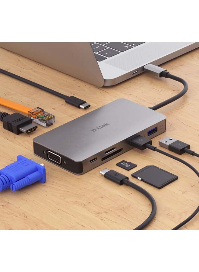 D-Link - 9-in-1 USB-C Hub With HDMI/VGA/Ethernet/Card Reader/Power Delivery grey - Image 1