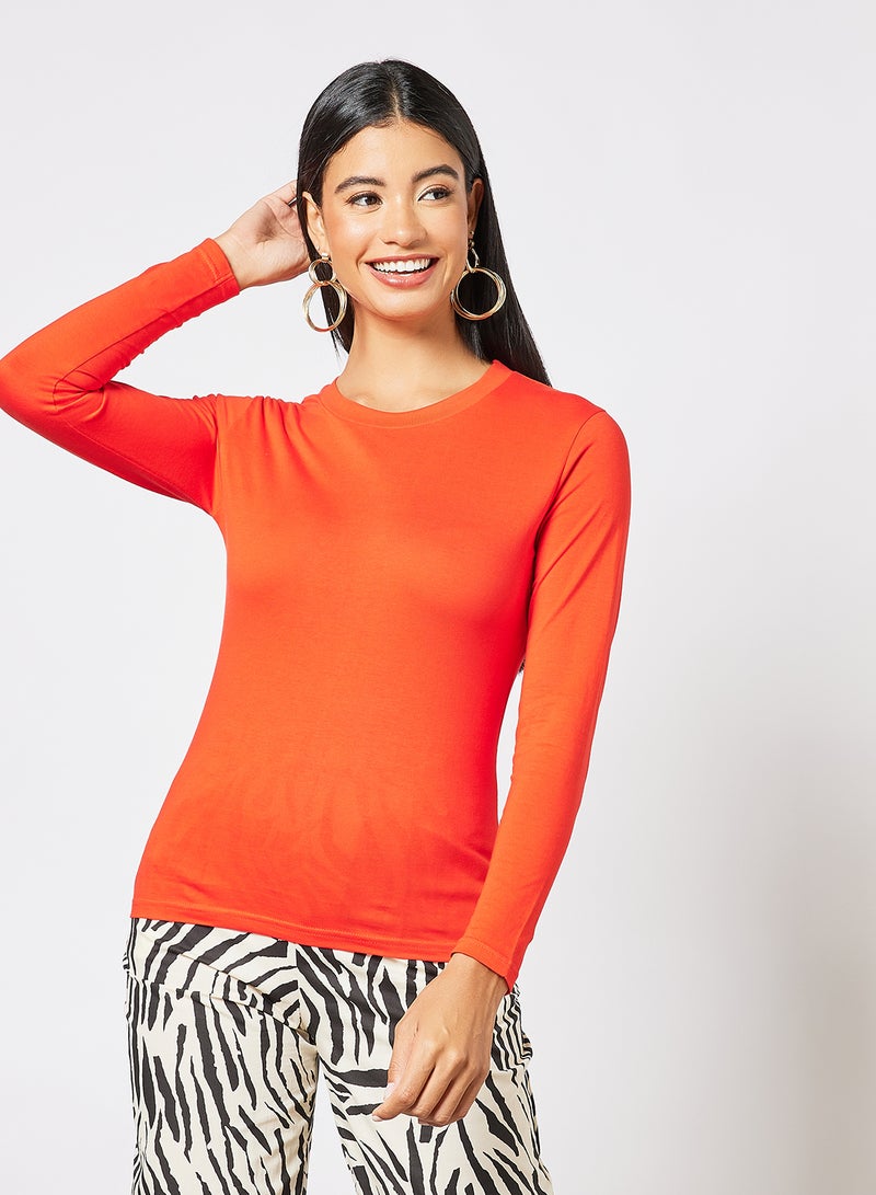 Noon East - Women's Basic Casual Comfortable Crew Neck Long Sleeve T-Shirt in Premium Bio washed Cotton Red - Image 1