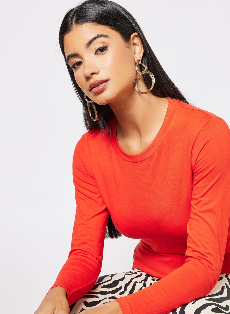 Noon East - Women's Basic Casual Comfortable Crew Neck Long Sleeve T-Shirt in Premium Bio washed Cotton Red - Image 1