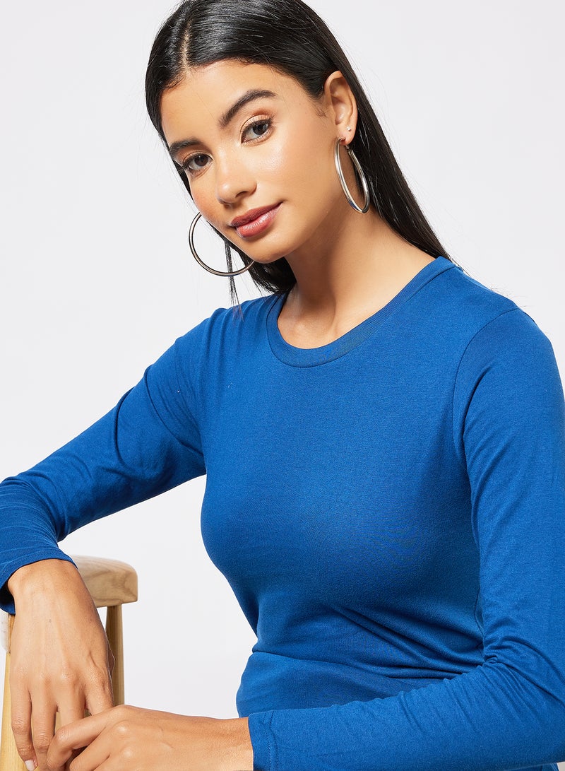 Noon East - Women's Basic Crew Neck Long Sleeves Cotton Bio washed Premium Fabric Comfort Fit Stylish Design T-Shirt Navy - Image 1