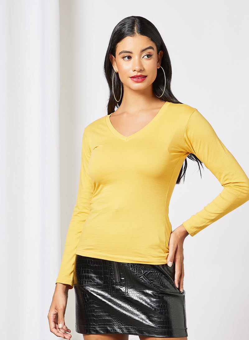 Noon East - Women's Basic Casual Comfortable V Neck Long Sleeves T-Shirt in Premium Bio washed Cotton Mineral Yellow - Image 1