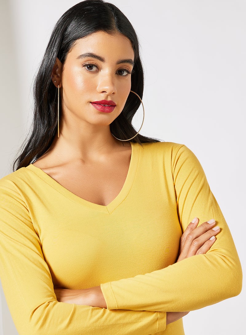 Noon East - Women's Basic Casual Comfortable V Neck Long Sleeves T-Shirt in Premium Bio washed Cotton Mineral Yellow - Image 1