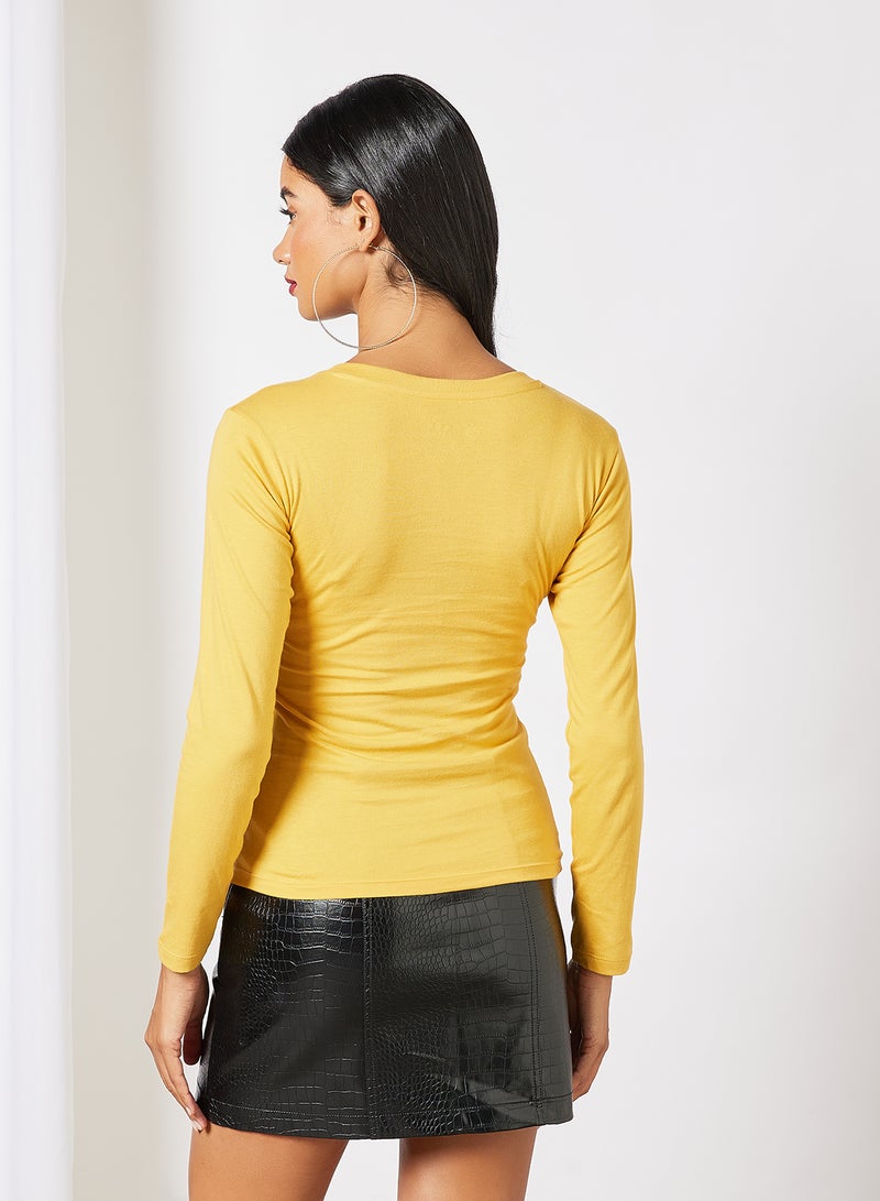 Noon East - Women's Basic Casual Comfortable V Neck Long Sleeves T-Shirt in Premium Bio washed Cotton Mineral Yellow - Image 1