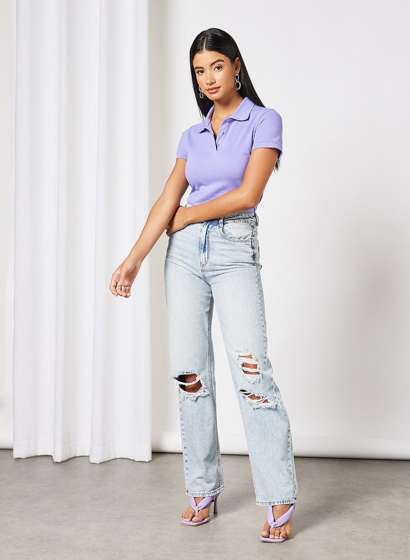 Noon East - Women's Basic Casual Polo Neck Cotton Comfort Fit Short Sleeve T-Shirt in Premium Bio washed cotton Purple - Image 1