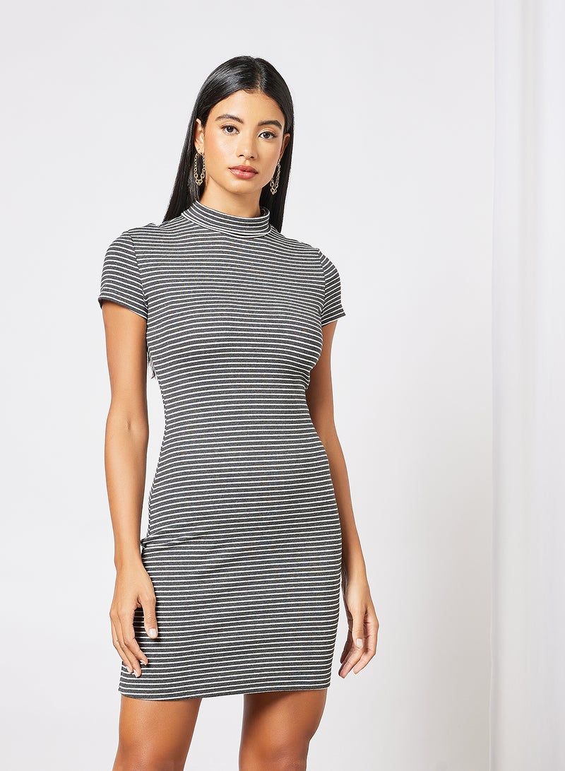 Aila Women's Casual Yarn Dyed Ribbed Striped Design Maxi Short Sleeve Knit Dress Grey/White  - Image 1