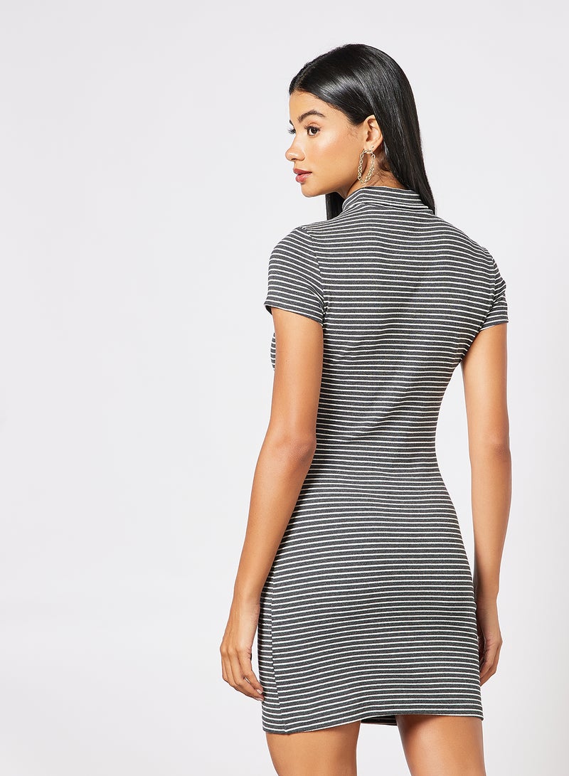 Aila Women's Casual Yarn Dyed Ribbed Striped Design Maxi Short Sleeve Knit Dress Grey/White  - Image 2
