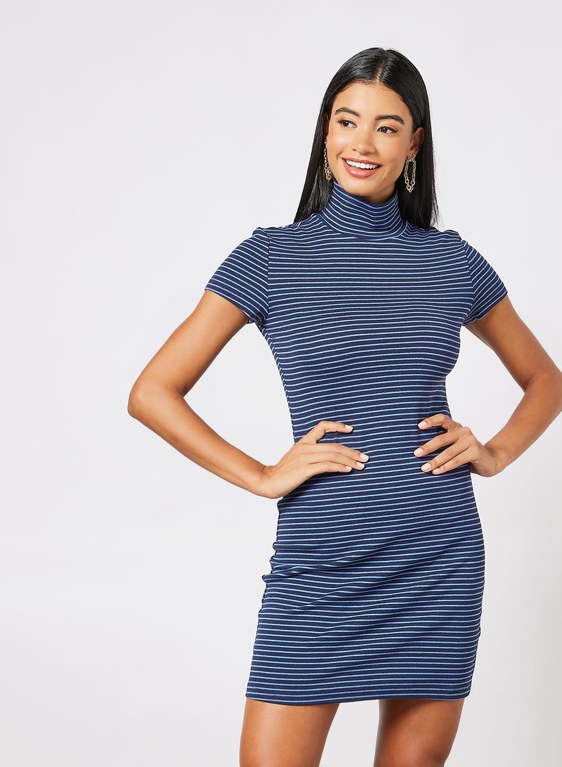 Aila Women's Casual Yarn Dyed Ribbed Striped Design Maxi Short Sleeve Knit Dress Blue  - Image 1