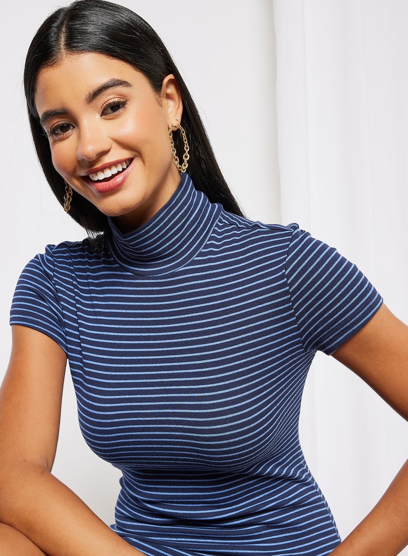 Aila Women's Casual Yarn Dyed Ribbed Striped Design Maxi Short Sleeve Knit Dress Blue  - Image 4