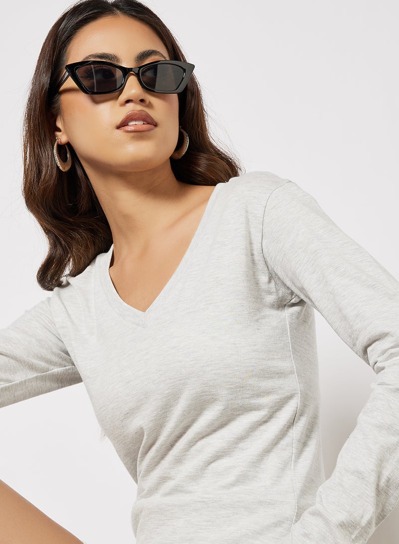 Noon East - Women's Basic V-Neck Cotton Biowashed Fabric Comfort Fit Stylish Design T-Shirt Grey Melange - Image 1