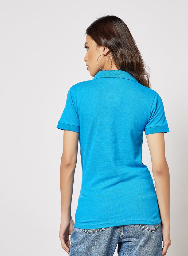 Noon East - Women's Basic Casual Comfortable Fit Polo Neck T-Shirt in Short Sleeves and in Premium Bio washed Cotton Ibiza Blue - Image 1