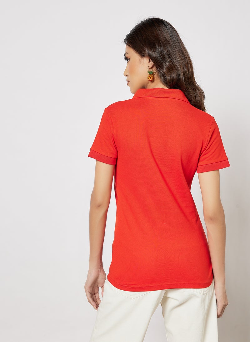 Noon East - Women's Casual Comfortable Regular Fit Polo Neck T-Shirt Short Sleeves in Premium Bio Washed Cotton Red/Black - Image 1