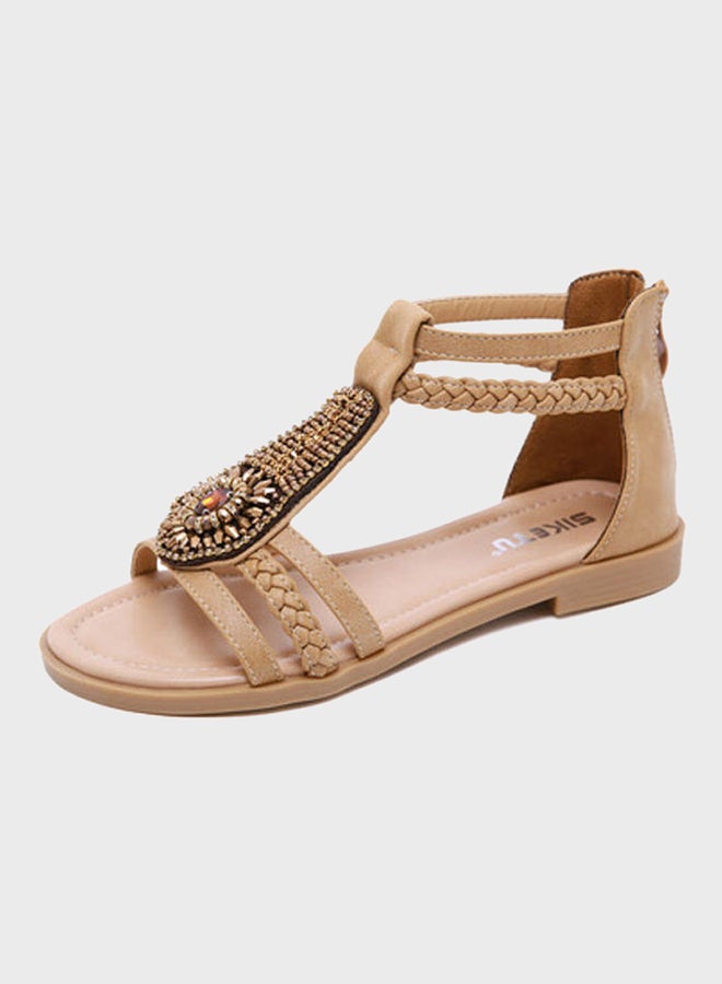 بيوينتي صندل مسطح بسحاب كامل للإغلاق ورباط حول الكاحل بيج / الذهب - Image 1