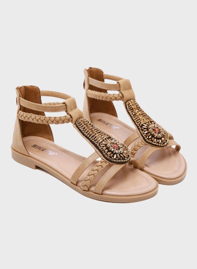 بيوينتي صندل مسطح بسحاب كامل للإغلاق ورباط حول الكاحل بيج / الذهب - Image 2