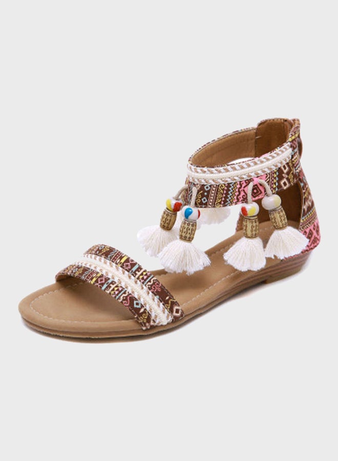 Beauenty Tassel Accent Full Zip Closure Flat Sandals Brown/Pink/White  - Image 1