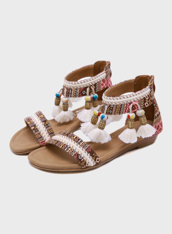 Beauenty Tassel Accent Full Zip Closure Flat Sandals Brown/Pink/White  - Image 2