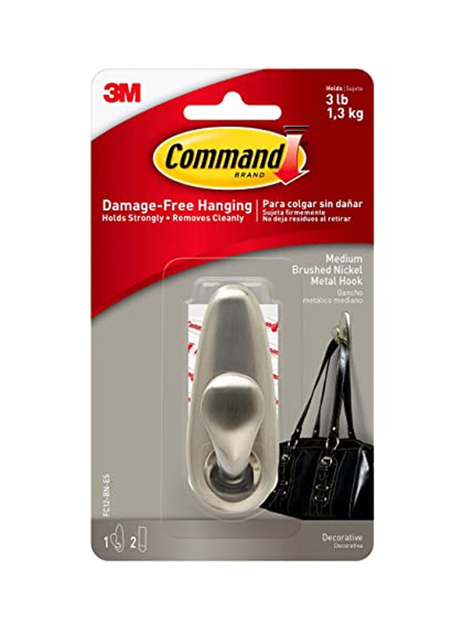 3M Command Damage Free Hanging Medium Brushed Nickel Metal Hook Silver 1.3kg - Image 1