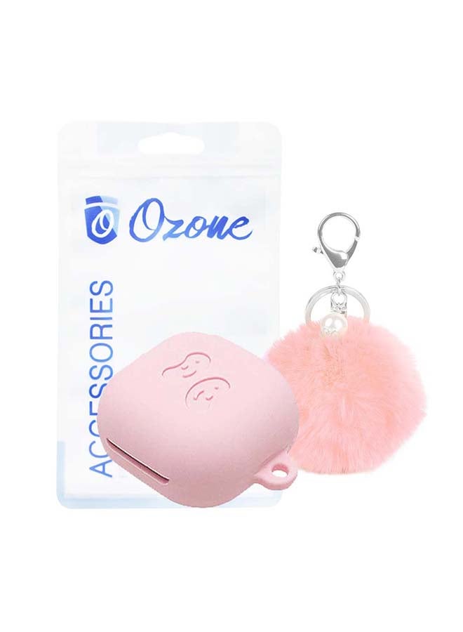 أو أوزون حافظة من السيليكون متوافقة مع سماعات جالاكسي بادز برو/ بادز لايف مع غطاء مرن وناعم مع سلسلة مفاتيح من الفرو وخطاف وردي - Image 1