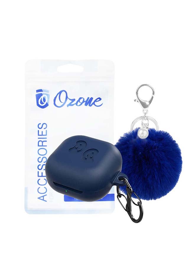 أو أوزون حافظة من السيليكون متوافقة مع سماعات جالاكسي بادز برو/ بادز لايف مع غطاء مرن وناعم مع سلسلة مفاتيح من الفرو وخطاف أزرق داكن - Image 1