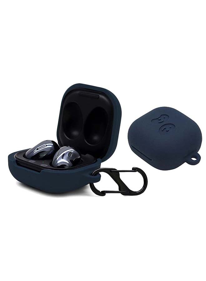 أو أوزون حافظة من السيليكون متوافقة مع سماعات جالاكسي بادز برو/ بادز لايف مع غطاء مرن وناعم مع سلسلة مفاتيح من الفرو وخطاف أزرق داكن - Image 2