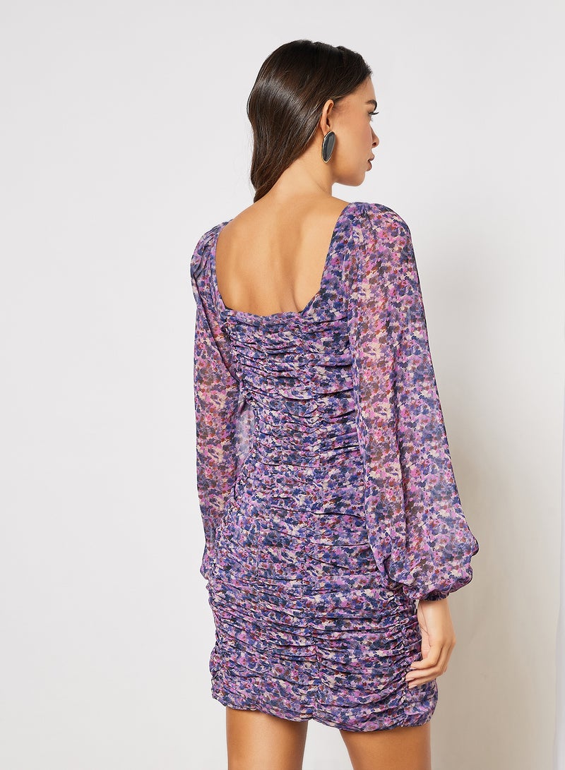 NA-KD Square Neck Ruched Chiffon Dress Blue Flower  - Image 3
