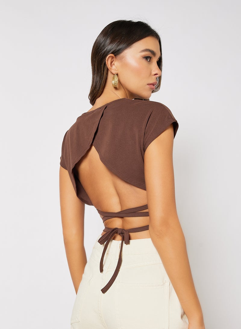 Fashion Union - Tie-Up Detailed Crop Top Brown - Image 1