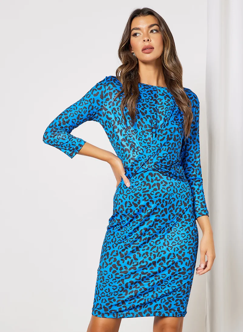 PIECES Round Neck Printed Dress Blue/Black