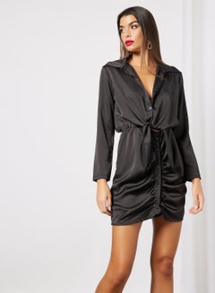 FEMME LUXE Tie-Front Ruched Shirt Dress Black  - Image 1