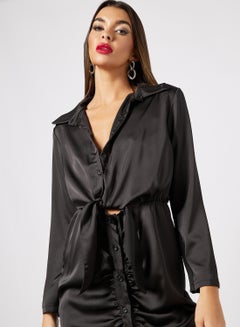 FEMME LUXE Tie-Front Ruched Shirt Dress Black  - Image 2