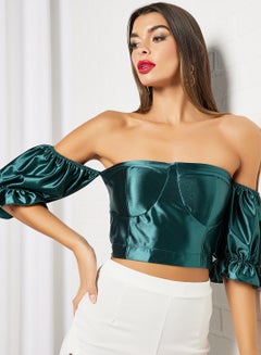 FEMME LUXE Puff Sleeve Crop Top Green  - Image 3