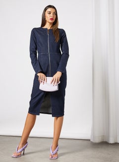 Zip-Up Denim Dress Dark Blue