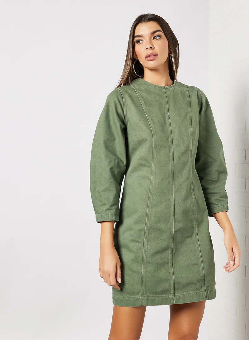 NA-KD 3/4 Sleeve Denim Dress Washed Green