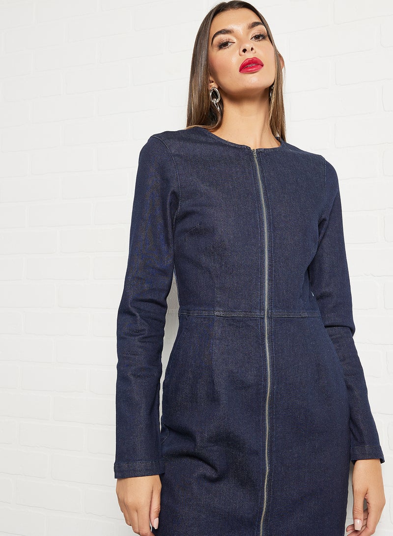NA-KD - Zip-Up Denim Dress Dark Blue - Image 1