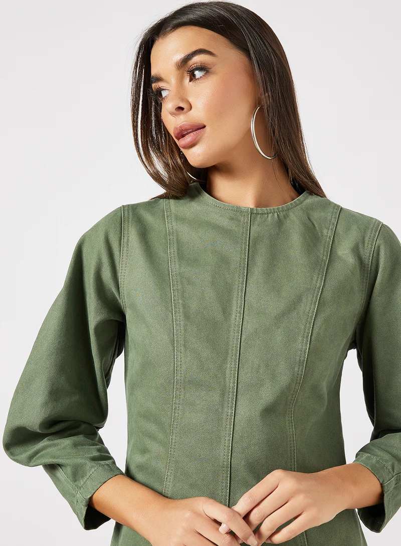 NA-KD 3/4 Sleeve Denim Dress Washed Green