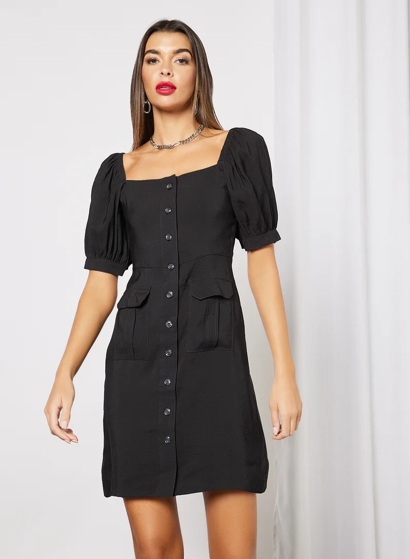 NA-KD Button-Up Puff Sleeve Dress Black