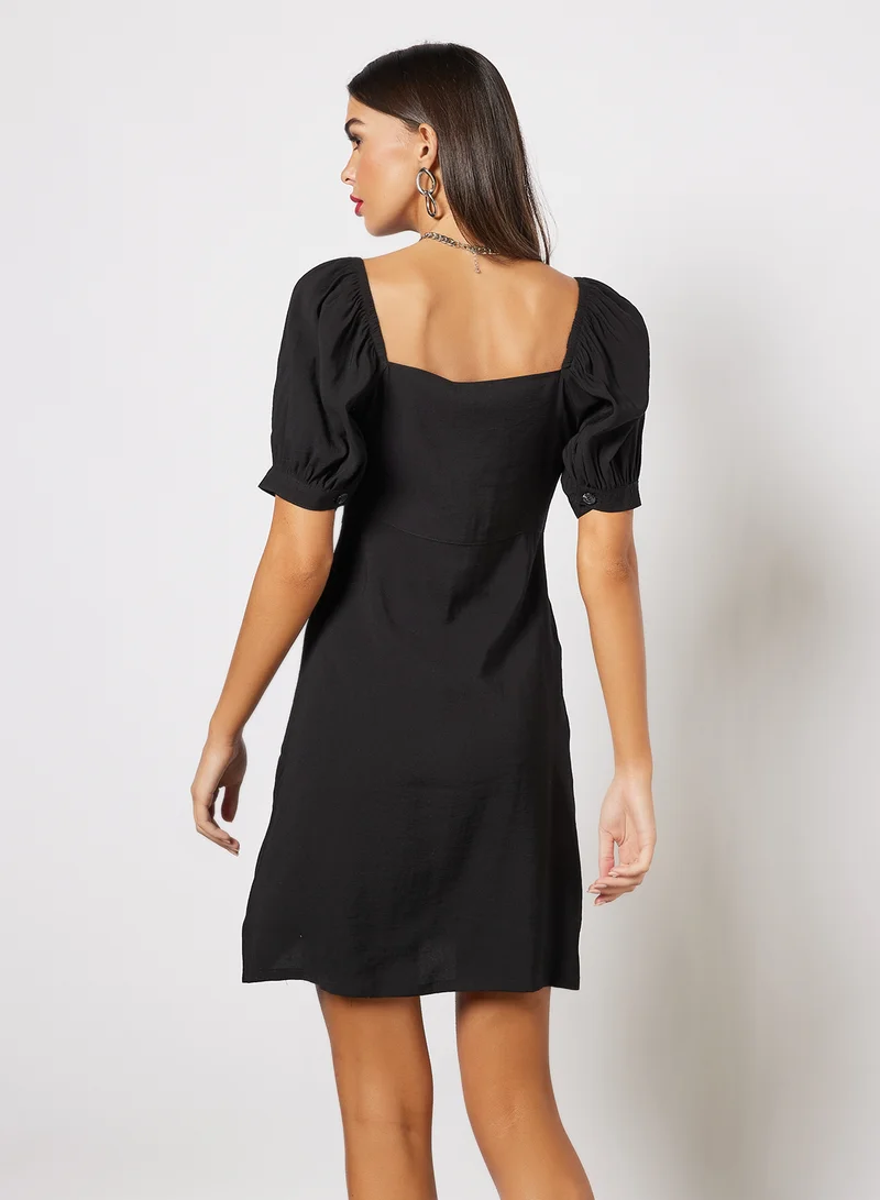 NA-KD Button-Up Puff Sleeve Dress Black