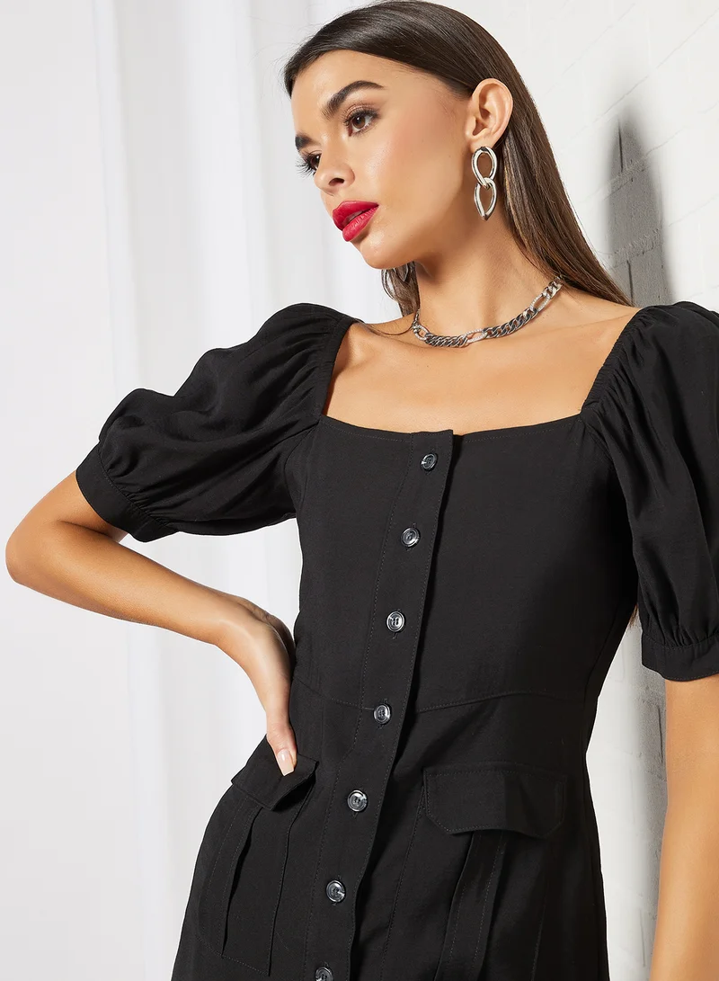 NA-KD Button-Up Puff Sleeve Dress Black