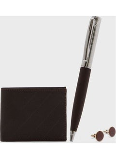 Wallet, Pen And Cuff Link Gifting Set Brown
