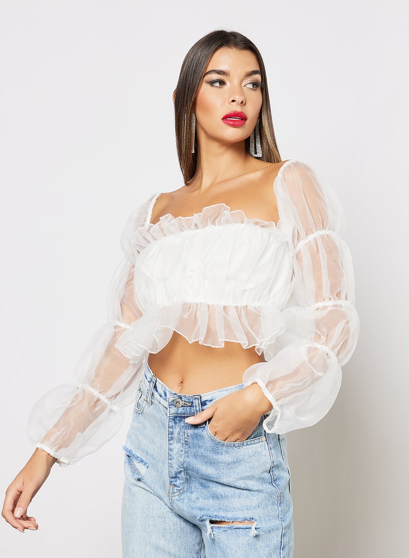 FEMME LUXE - Sheer Sleeve Bandeau Crop Top White - Image 1