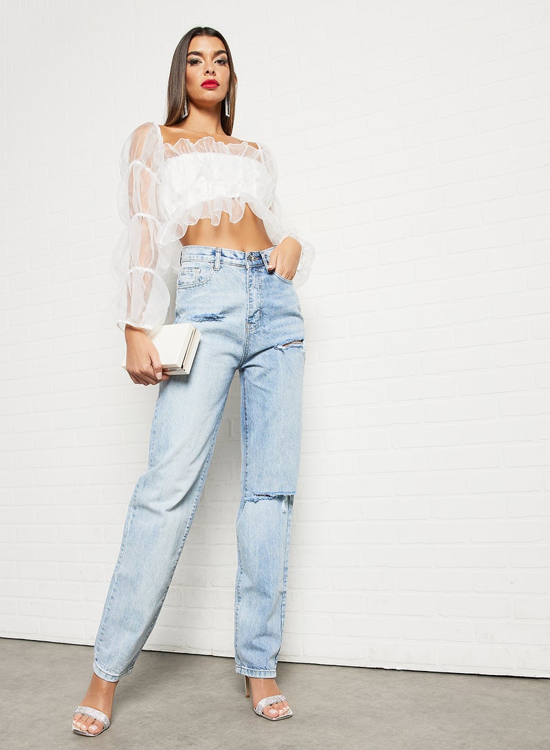 FEMME LUXE - Sheer Sleeve Bandeau Crop Top White - Image 1
