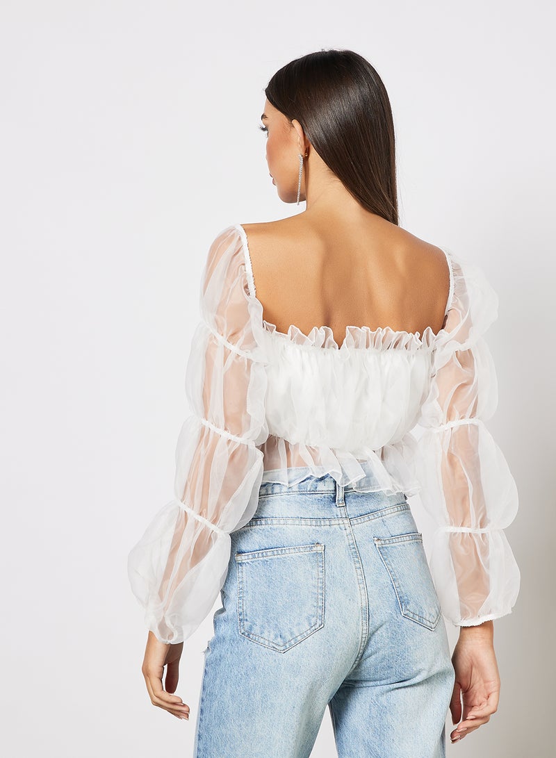 FEMME LUXE - Sheer Sleeve Bandeau Crop Top White - Image 1