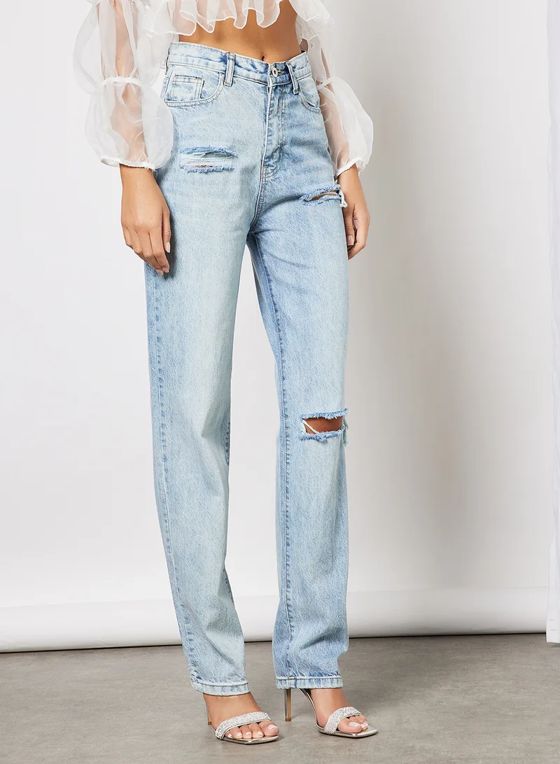 FEMME LUXE Distressed Detail Straight Fit Jeans Light Blue