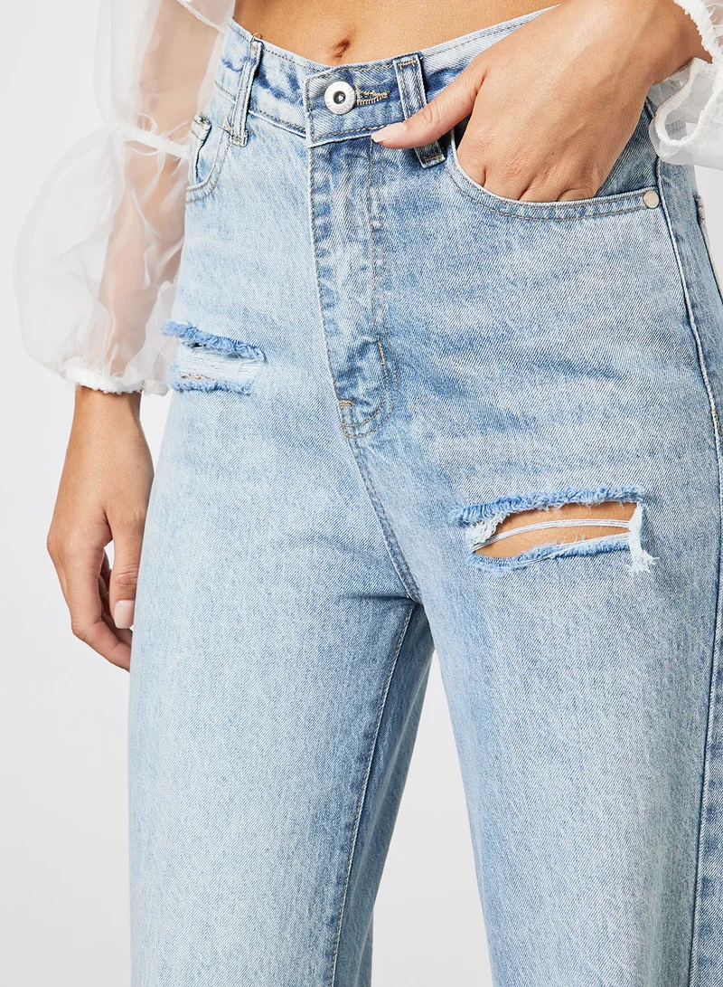 FEMME LUXE Distressed Detail Straight Fit Jeans Light Blue