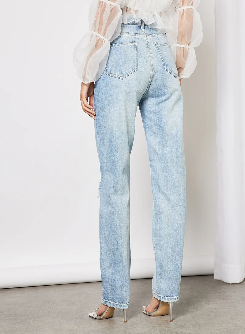 FEMME LUXE Distressed Detail Straight Fit Jeans Light Blue